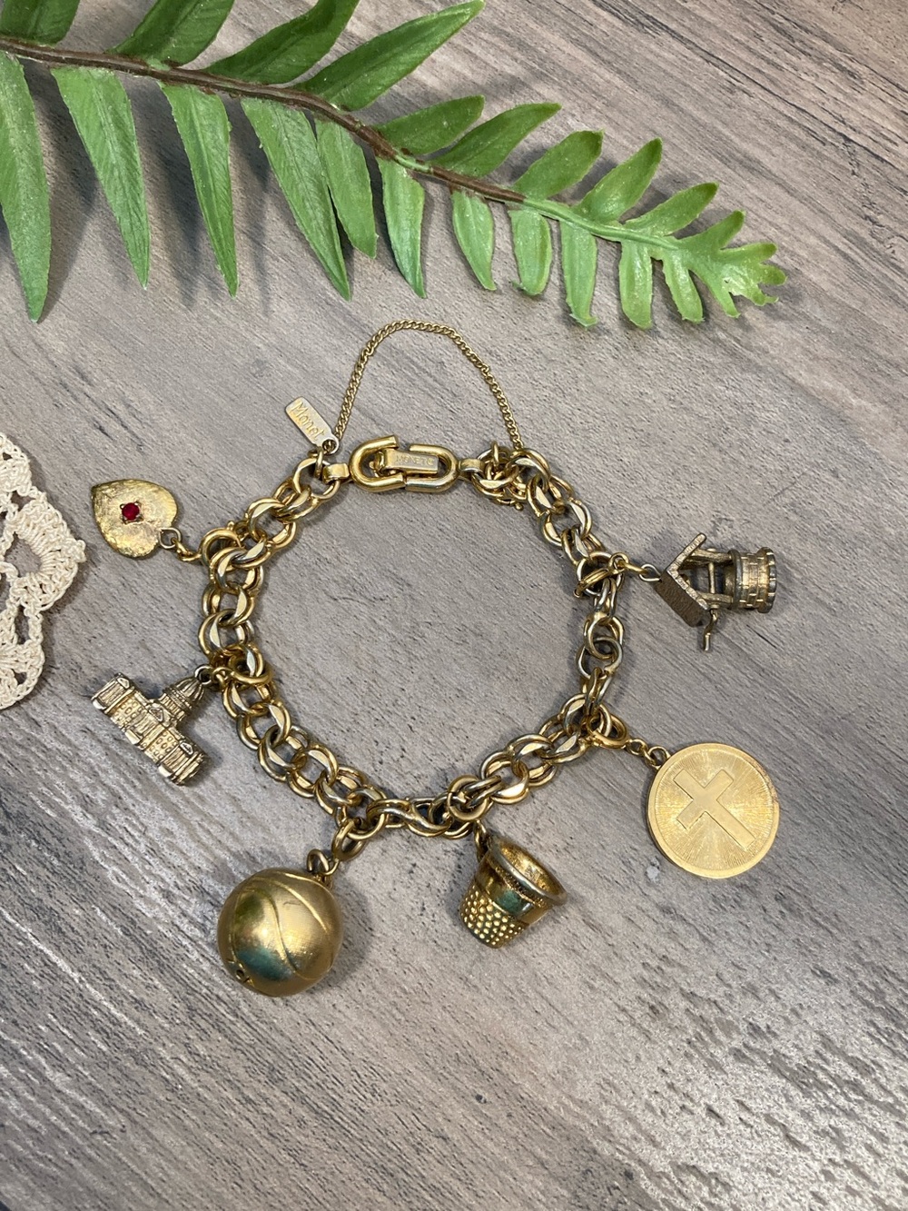 Vintage Monet Charm Bracelet With Six Charms Travel Heart Cross And Safety Chain